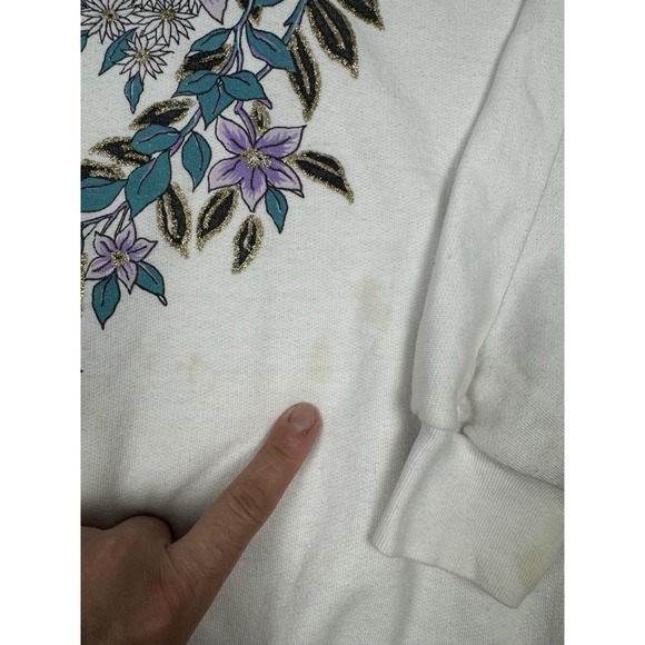 Vintage‎ Grandma Sweatshirt Womans XL White Floral 80s Boxy Crewneck Glitter - Picture 7 of 12